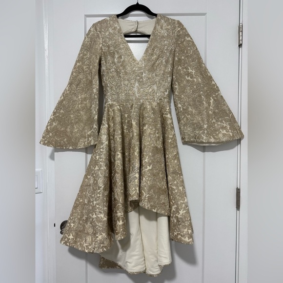 Gold Brocade Fit & Flare‎ Dress with Bell Sleeves and Open Back – Size S/M - Picture 1 of 4